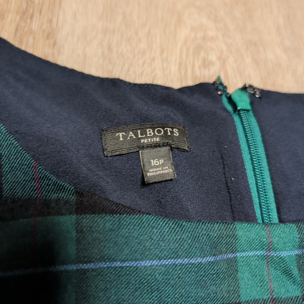 Talbots Plaid Sheath Dress Womens 16P Green Black‎ Excellent Bell Sleeve Lined - Picture 3 of 9